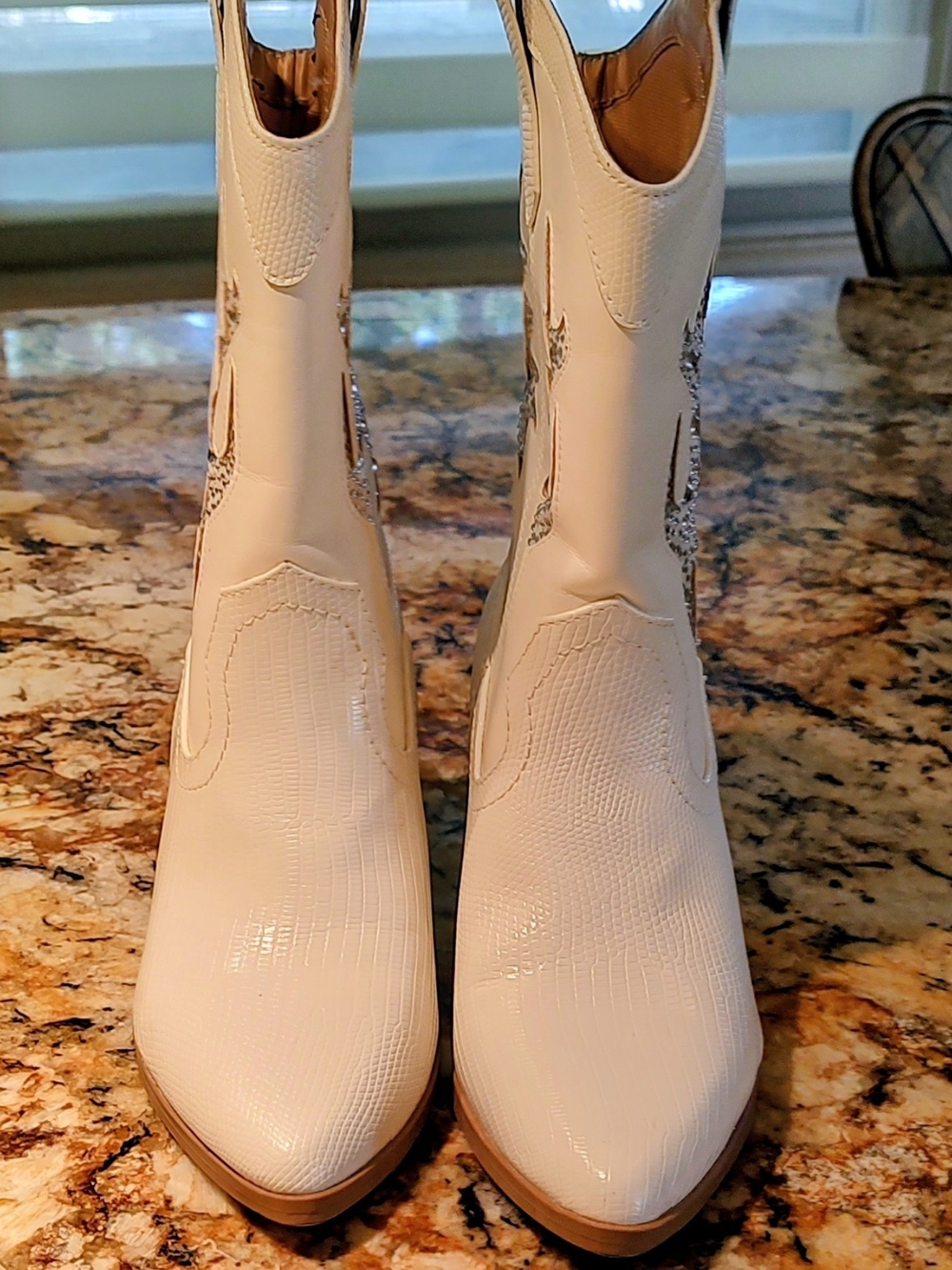 Soda White Rhinestone Western Mid-Calf Heeled Cowboy Boots - Picture 6 of 14